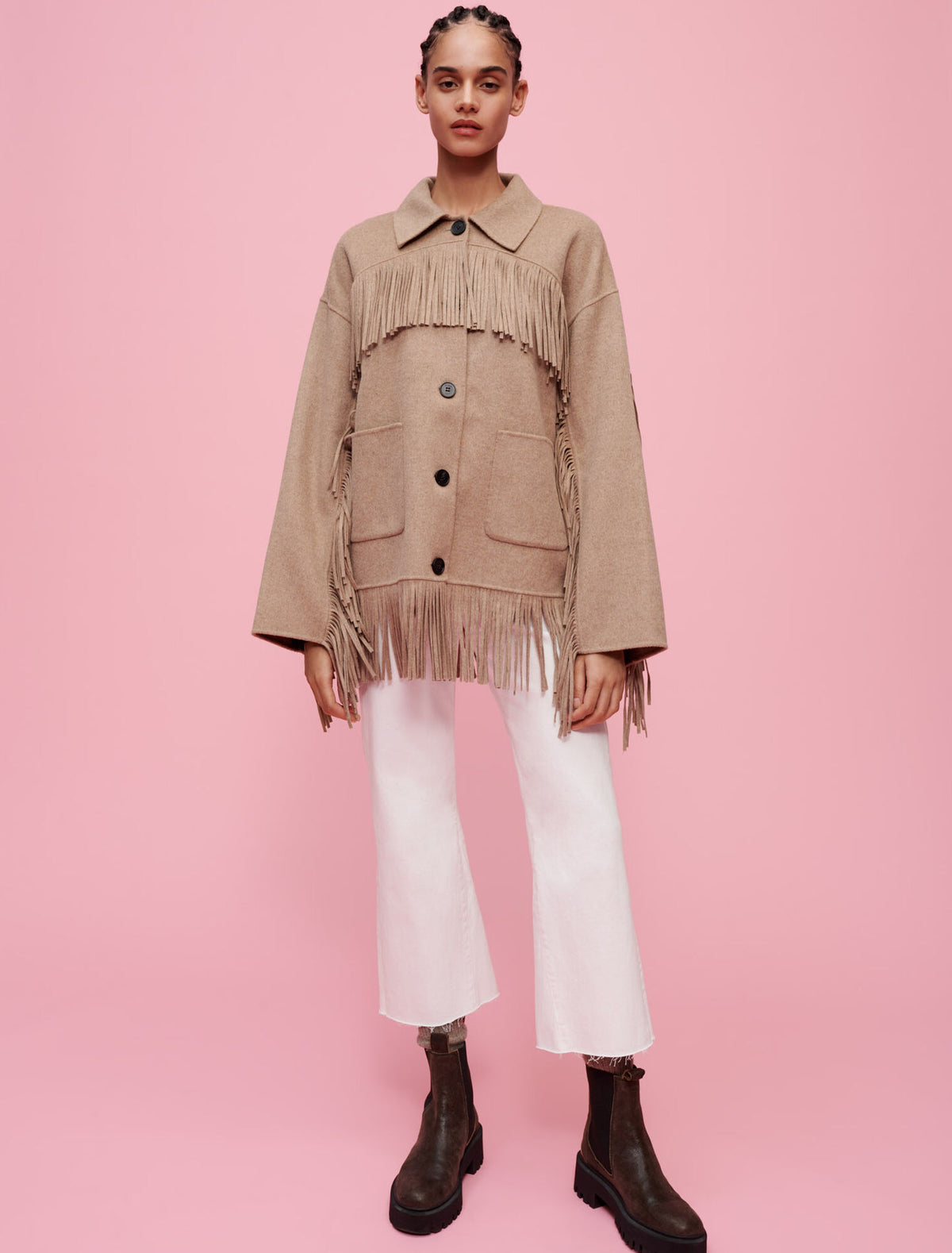 Maje Double-faced coat with fringing